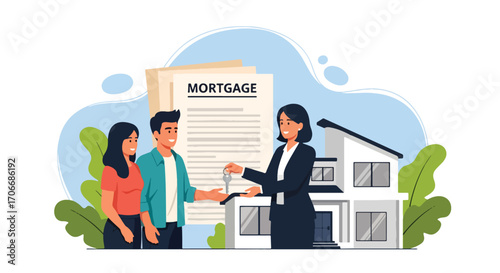 Flat illustration of a couple receiving house keys from an agent in front of a mortgage contract and home, symbolizing real estate purchase, housing loans, and financial agreements