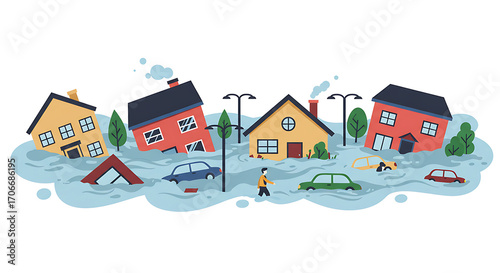 Flood Disaster Homes and Cars Flat Art Isolated on White Background