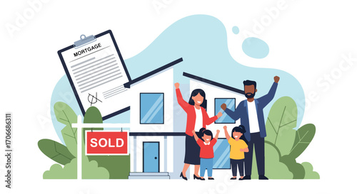 Flat illustration of a happy family celebrating in front of their new home with a sold sign and mortgage contract, symbolizing property purchase, real estate success, and financial stability