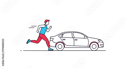 Animated illustration of a man running towards a sedan car in minimalist style showcasing motion and pursuit in a clean graphic design