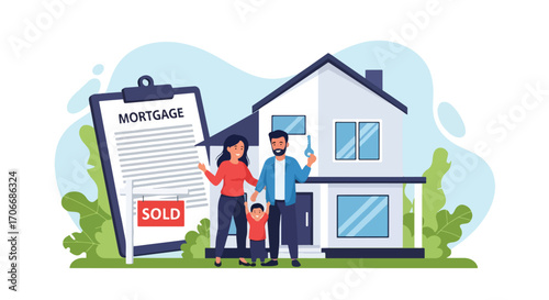 Flat illustration of a happy family celebrating in front of their new home with a sold sign and mortgage contract, symbolizing property purchase, real estate success, and financial stability