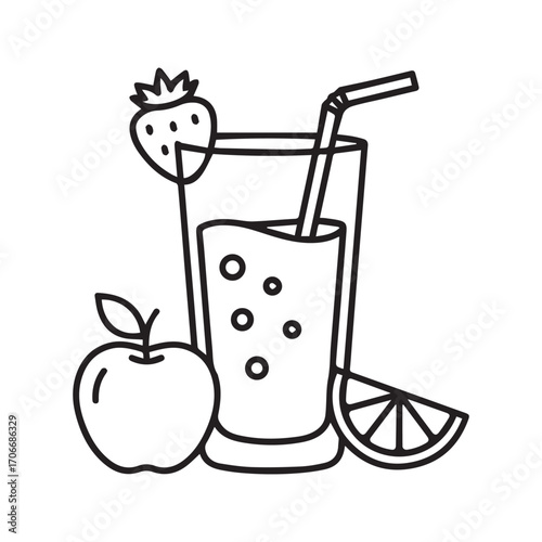 Fresh fruit juice smoothie icon with apple, strawberry, and orange, healthy natural beverage line art vector
