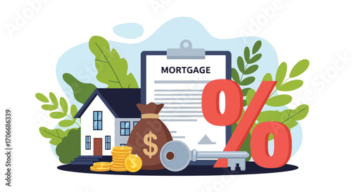 Flat illustration of a mortgage contract with house, coins, money bag, key, and percentage sign, symbolizing home loans, property investment, financial planning, and real estate agreements