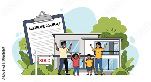 Flat illustration of a happy family celebrating in front of their new home with a sold sign and mortgage contract, symbolizing property purchase, real estate success, and financial stability