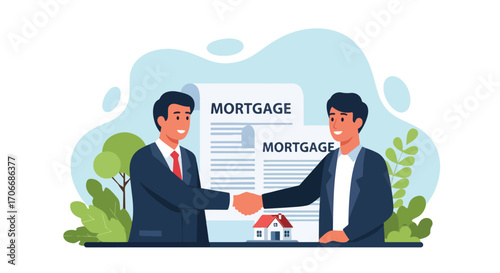 Flat illustration of two people shaking hands in front of a large mortgage agreement and house, symbolizing property purchase, home loans, real estate contracts, and successful financial partnerships