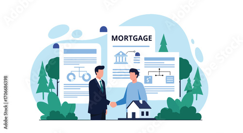 Flat illustration of two people shaking hands in front of a large mortgage agreement and house, symbolizing property purchase, home loans, real estate contracts, and successful financial partnerships
