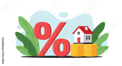 Flat illustration of a house on stacked coins with a large percentage sign, symbolizing mortgage interest rates, housing loans, property investment, and financial planning in real estate