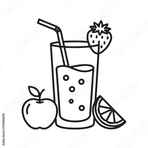 Fresh fruit juice smoothie icon with apple, strawberry, and orange, healthy natural beverage line art vector
