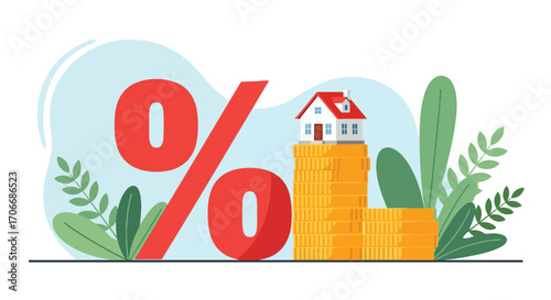 Flat illustration of a house on stacked coins with a large percentage sign, symbolizing mortgage interest rates, housing loans, property investment, and financial planning in real estate