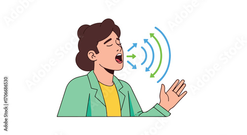 Illustration depicting a woman communicating verbally with sound waves, expressing thoughts, and using hand gestures for emphasis during a