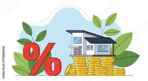 Flat illustration of a house on stacked coins with a large percentage sign, symbolizing mortgage interest rates, housing loans, property investment, and financial planning in real estate