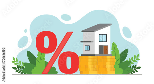 Flat illustration of a house on stacked coins with a large percentage sign, symbolizing mortgage interest rates, housing loans, property investment, and financial planning in real estate
