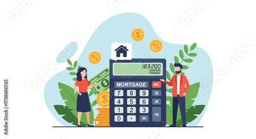 Flat illustration of a couple using a mortgage calculator with house, coins, and percentage signs, symbolizing loan planning, housing finance, interest rates, and property investment budgeting