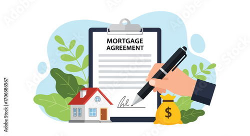 Flat illustration of a person signing a mortgage contract with house, money bag, and clipboard, symbolizing housing loans, property investment, financial agreements, and real estate ownership planning