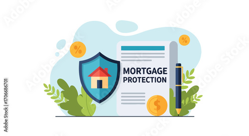 Flat illustration of mortgage protection document with shield, house icon, pen, and coins, representing home insurance, financial security, loan coverage, and property investment safety