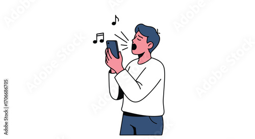 Man enthusiastically singing into his smartphone with musical notes illustration against a plain background