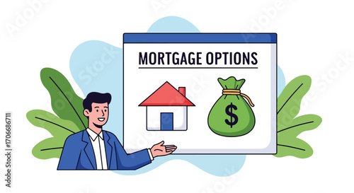 Flat illustration of a real estate agent explaining a mortgage plan with home, money bag, and financial options, symbolizing housing loans, investment strategies, and property ownership planning