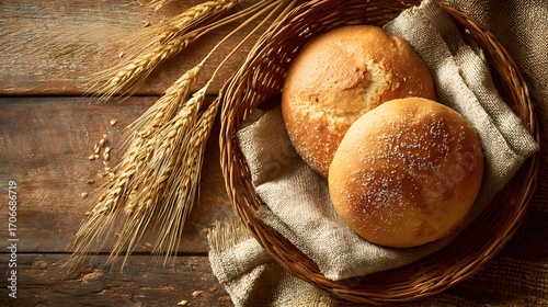 Two round artisan bread rolls in basket with wheat on rustic wooden table.