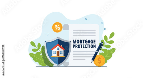 Flat illustration of mortgage protection document with shield, house icon, pen, and coins, representing home insurance, financial security, loan coverage, and property investment safety