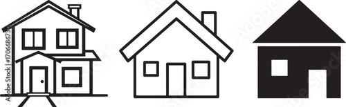 Collection of Diverse House Icons in Line Art and Solid Silhouette Styles