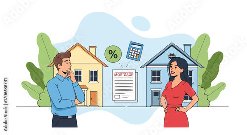 Flat illustration of a couple discussing mortgage agreement with houses, coins, interest rate, and calculator, symbolizing home loan planning, real estate investment, property purchase, and financial
