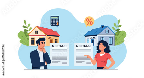 Flat illustration of a couple discussing mortgage agreement with houses, coins, interest rate, and calculator, symbolizing home loan planning, real estate investment, property purchase, and financial