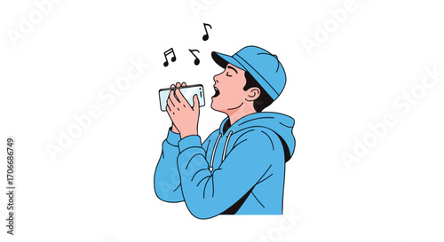 Aspiration Tunes: Youthful Singer Using Phone as Microphone with Musical Notes Visualized Expressing Joy and Creativity in Digital Age