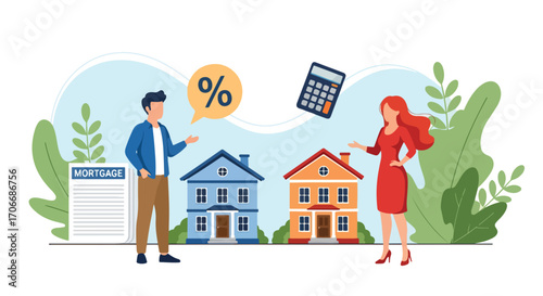Flat illustration of a couple discussing mortgage agreement with houses, coins, interest rate, and calculator, symbolizing home loan planning, real estate investment, property purchase, and financial