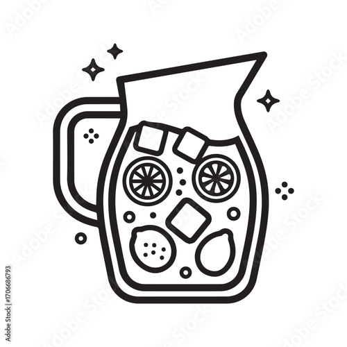 Refreshing pitcher of iced lemonade or sangria with fruit slices, sparkling line art icon vector
