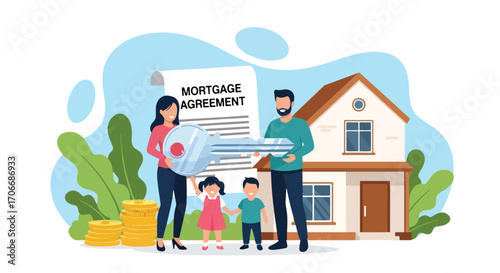 Flat illustration of a happy family holding a house key in front of a new home with mortgage agreement and coins, symbolizing real estate purchase, homeownership, savings, and financial planning