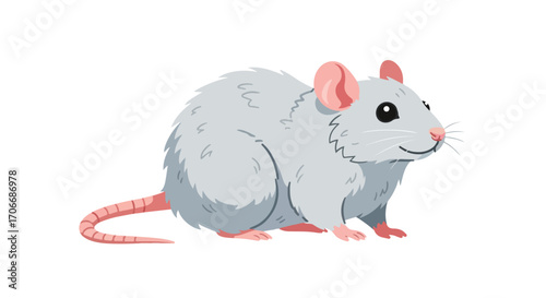 Cartoon illustration of a cute gray rat with pink ears and paws on a white background that portrays a friendly appearance