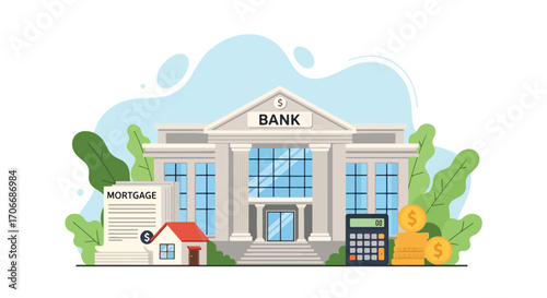 Flat illustration of a bank building with mortgage documents, house, money, coins, and calculator, symbolizing home loans, financial services, real estate investment, and banking system