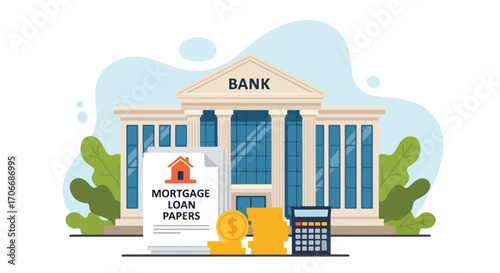 Flat illustration of a bank building with mortgage documents, house, money, coins, and calculator, symbolizing home loans, financial services, real estate investment, and banking system