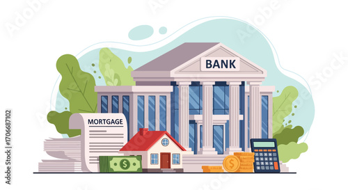 Flat illustration of a bank building with mortgage documents, house, money, coins, and calculator, symbolizing home loans, financial services, real estate investment, and banking system