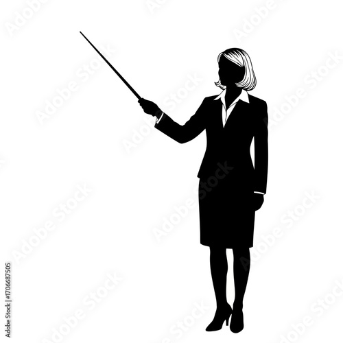 Businesswoman pointing with pointer stick silhouette isolated on white background