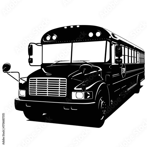 Black school bus silhouette isolated on white background
