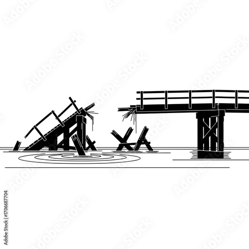 Broken wooden bridge silhouette isolated on white background