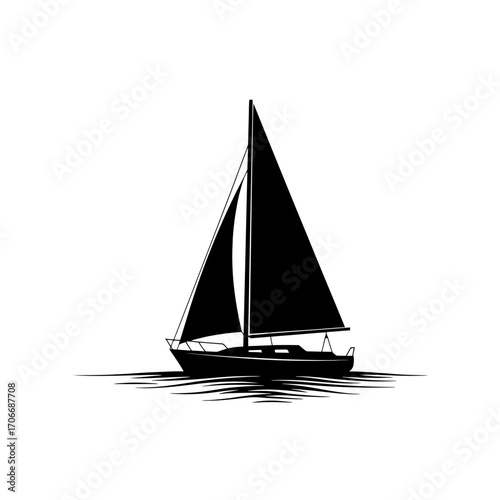 Black sailboat silhouette on water isolated on white background