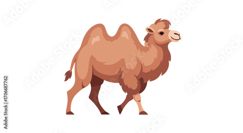 Cartoon camel gracefully walking on a bright white backdrop, illustrating desert life with simplicity and elegance 150 characters