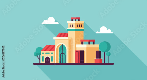 Flat vector illustration displaying a stylized building with long shadows against a serene teal background