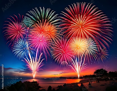 Vibrant fireworks display over a beach at sunset