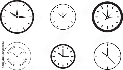 Set of Six Minimalist Clock Icons Displaying Various Times