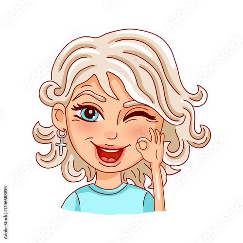 Female person shows okay gesture, isolated on white background. Vector illustration. 