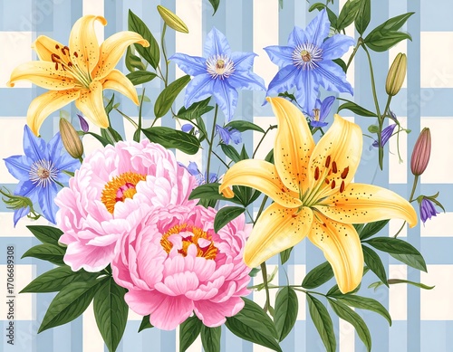 Vibrant floral bouquet on a light blue gingham background