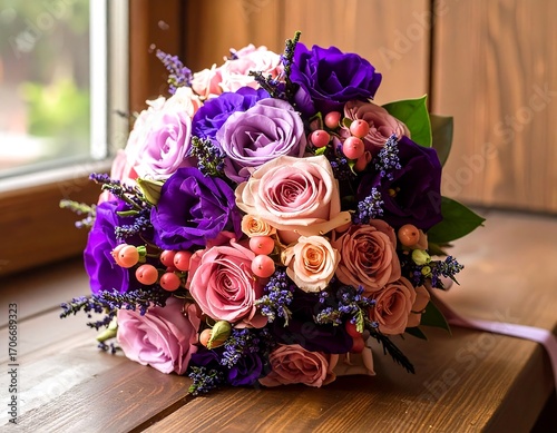Vibrant floral bouquet on wooden windowsill