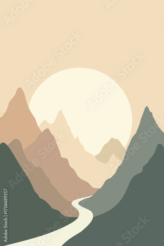 Mountain Valley with River and Sunrise – Nature, Peaks and Landscape Abstract Vector Illustration