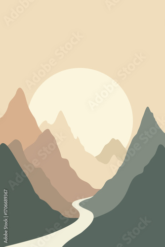 Mountain Valley with River and Sunrise – Nature, Peaks and Landscape Abstract Vector Illustration