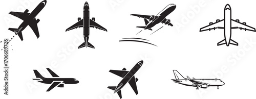 Diverse Airplane Icons and Silhouettes, Representing Flight and Travel