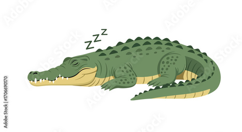 Cartoon Alligator Taking a Nap: A Relaxing Reptile Moment Depicted in Flat Design Vector Style for Children and Adults alike