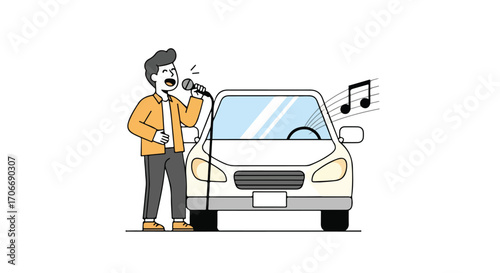 Energetic vocalist passionately serenading near a vehicle, musical notes floating around a vibrant scene depicting a modern lifestyle